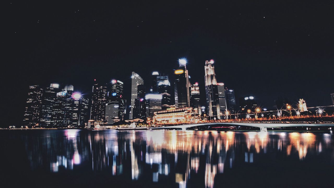 Обои ночной город, панорама, огни города, сингапур