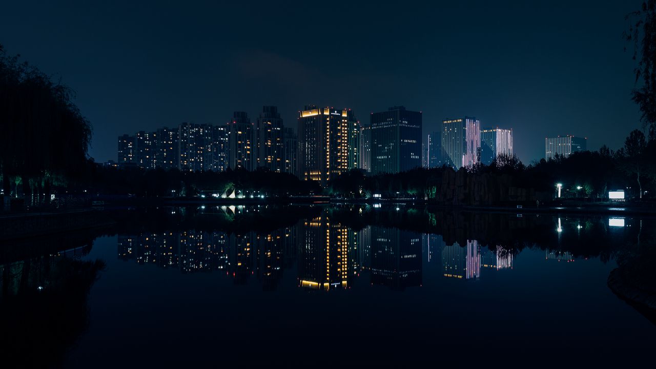 Обои ночной город, панорама, река, отражение, здания