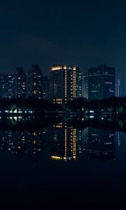 Превью обои ночной город, панорама, река, отражение, здания