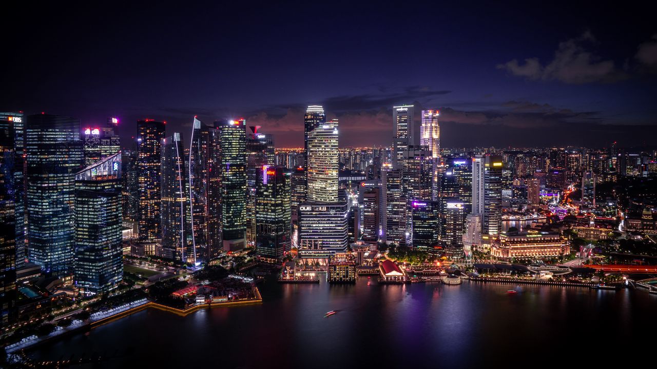 Обои ночной город, побережье, вид сверху, здания, огни, сингапур