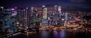 Превью обои ночной город, побережье, вид сверху, здания, огни, сингапур