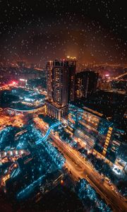 Превью обои ночной город, снегопад, огни города, тайбэй, тайвань