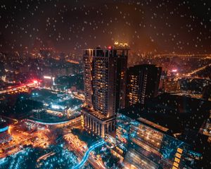 Превью обои ночной город, снегопад, огни города, тайбэй, тайвань