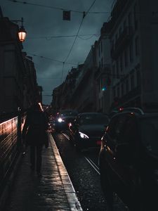 Превью обои ночной город, трафик, силуэт, ночь, движение