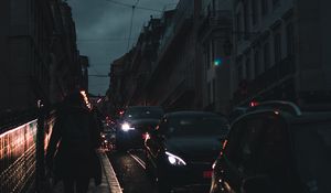 Превью обои ночной город, трафик, силуэт, ночь, движение