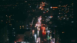 Превью обои ночной город, улица, вид сверху, здания, автомобили, огни, темный