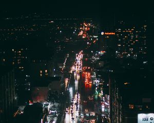 Превью обои ночной город, улица, вид сверху, здания, автомобили, огни, темный