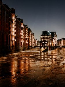Превью обои ночной город, улица, здания, дорога, гамбург