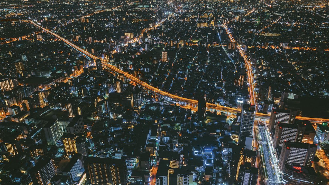 Обои ночной город, вид сверху, огни города, осака, япония