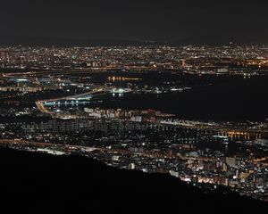 Превью обои ночной город, вид сверху, огни города, залив, осака, япония