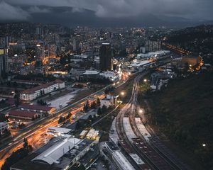 Превью обои ночной город, вид сверху, здания, железная дорога