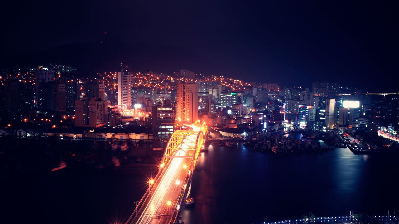 Обои ночной город, вид сверху, здания, мост, подсветка, архитектура