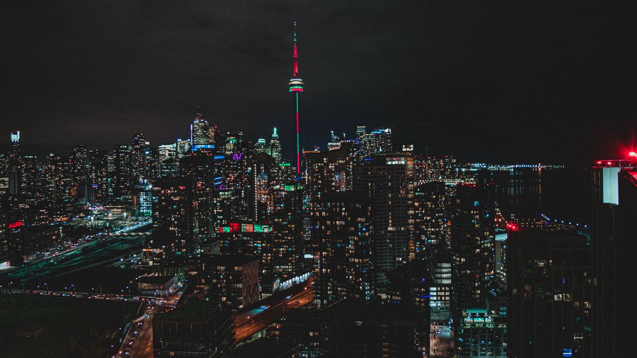 Обои ночной город, вид сверху, здания, мегаполис, торонто, канада