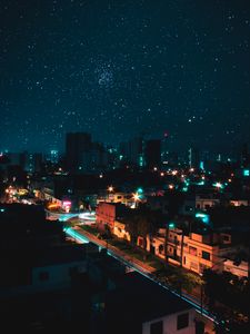 Превью обои ночной город, вид сверху, звездное небо, здания