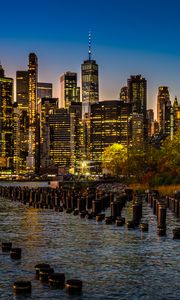 Превью обои ночной город, вода, нью-йорк