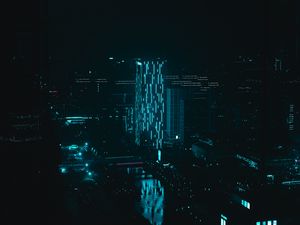 Превью обои ночной город, здание, иллюминация, темный, неон, синий