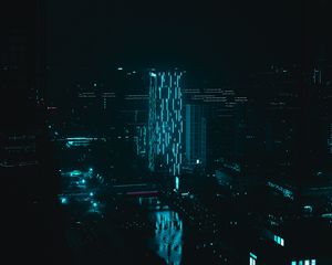 Превью обои ночной город, здание, иллюминация, темный, неон, синий