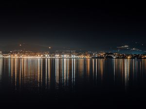 Превью обои ночной город, здание, огни, отражение, вода
