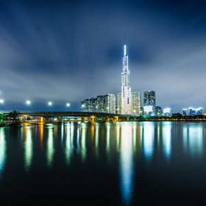 Превью обои ночной город, здания, архитектура, река, огни