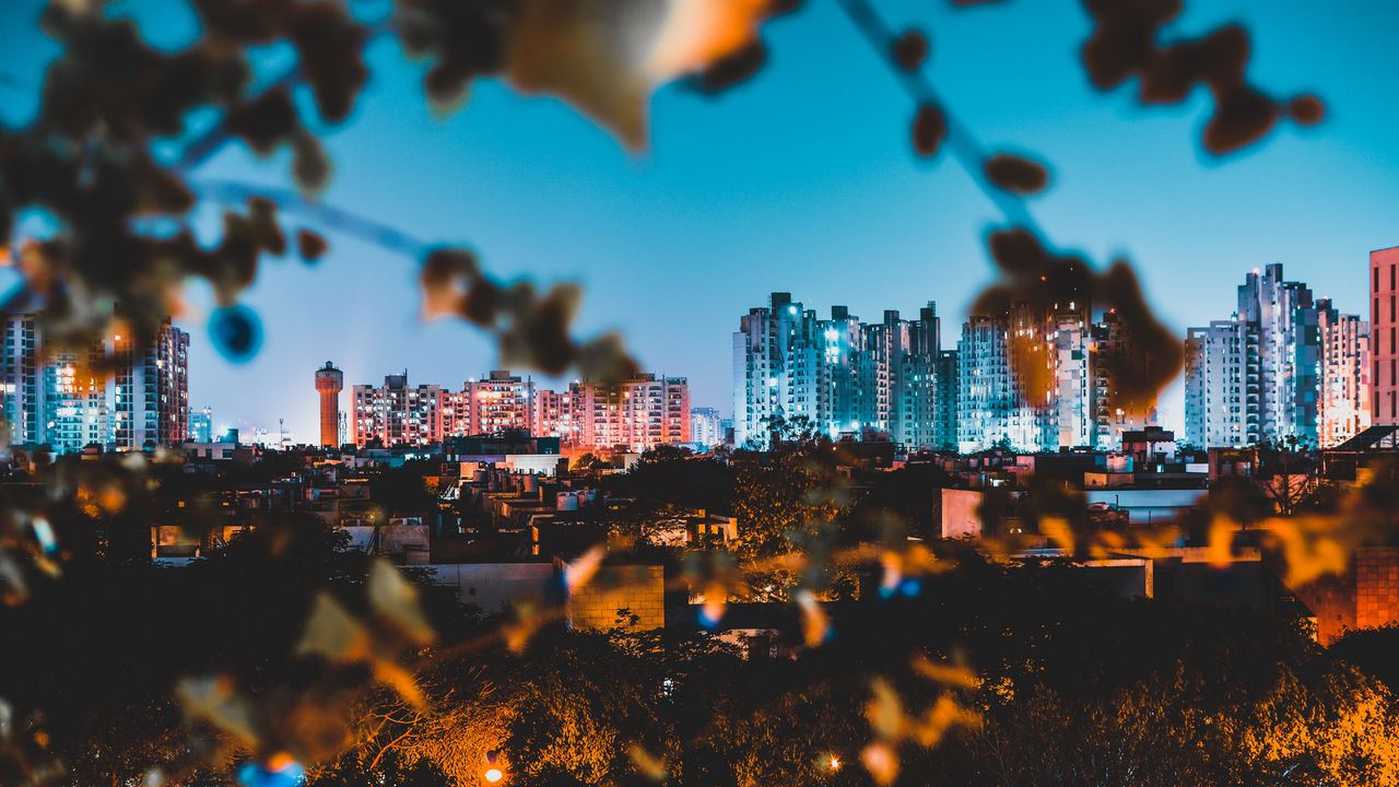 Обои ночной город, здания, архитектура, огни, панорама