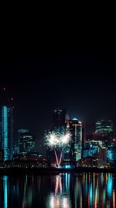 Превью обои ночной город, здания, фейерверк, вода, отражение