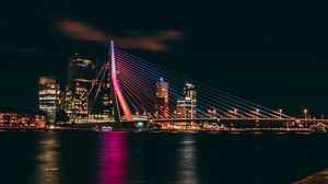 Превью обои ночной город, здания, мост, темный, огни, побережье