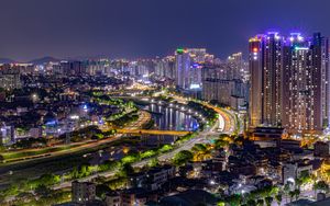 Превью обои ночной город, здания, мост, река, огни