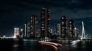 Превью обои ночной город, здания, небоскребы, огни, длинная выдержка, темный