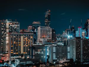 Превью обои ночной город, здания, вид сверху, темный, огни
