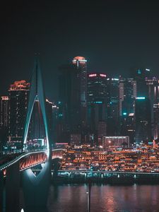 Превью обои ночной город, здания, вид сверху, небоскребы, мост, огни