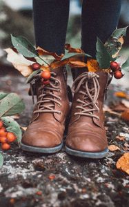 Превью обои ноги, ботинки, листья, ягоды, осень