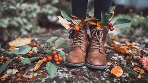 Превью обои ноги, ботинки, листья, ягоды, осень