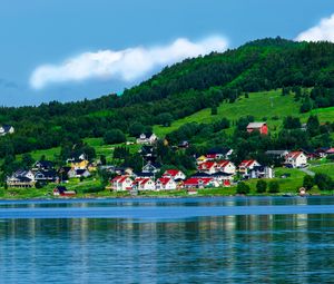 Превью обои норвегия, залив, дома, горы