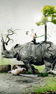 Превью обои носорог, девушка, природа, птицы, ситуация, лес