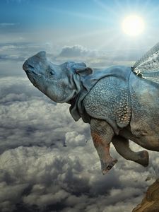 Превью обои носорог, крылья, полёт, облака, икар