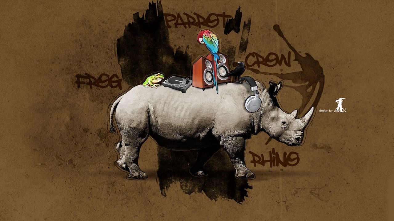 Обои носорог, попугай, красочный, рисунки, колонки, установка