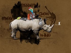 Превью обои носорог, попугай, красочный, рисунки, колонки, установка