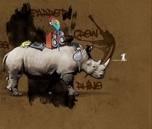 Превью обои носорог, попугай, красочный, рисунки, колонки, установка