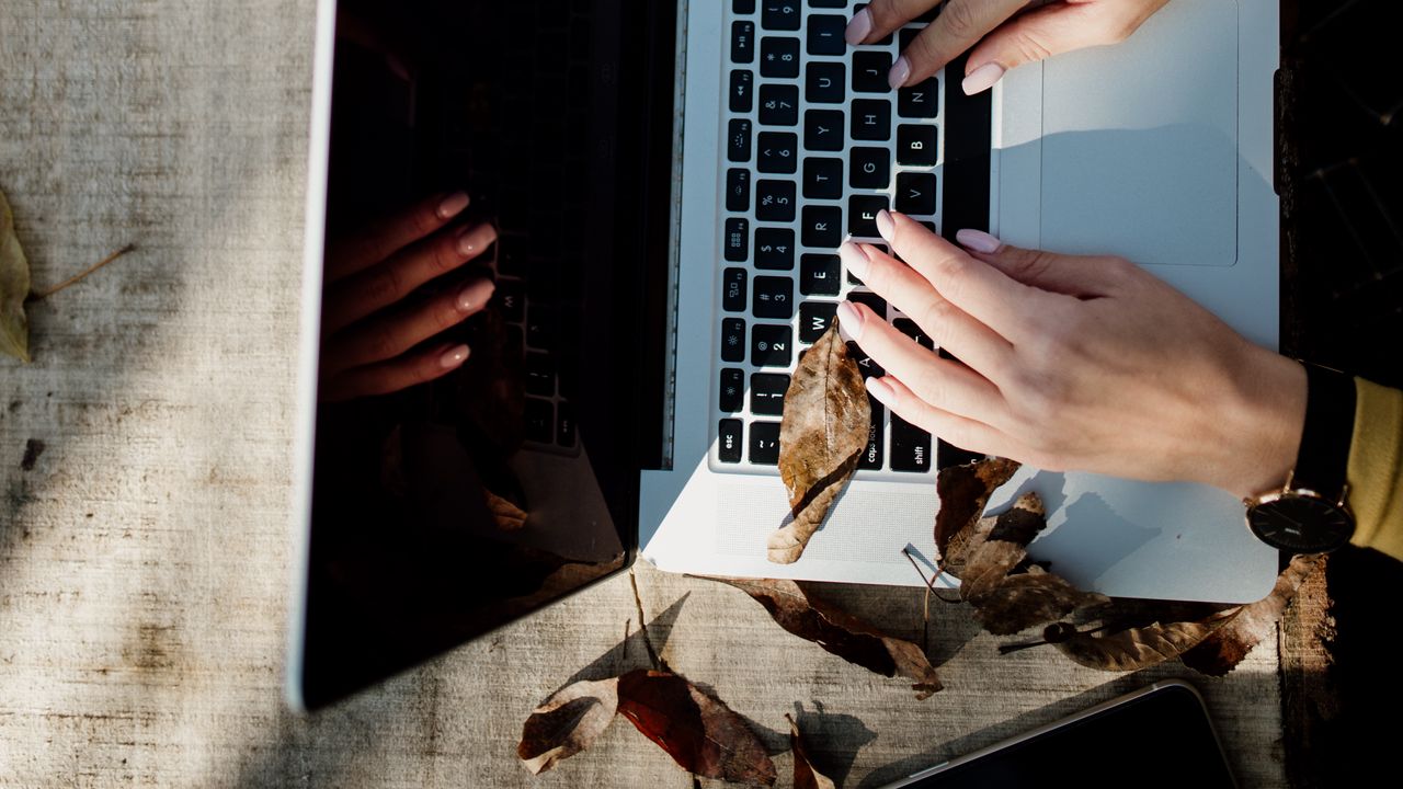 Обои ноутбук, руки, работа, листья, осень, эстетика