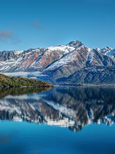 Превью обои новая зеландия, горы, река, море, небо, пейзаж