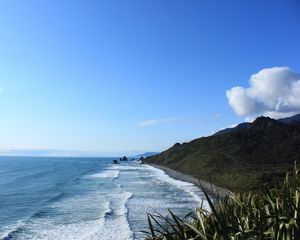 Превью обои новая зеландия, море, горы, пляж