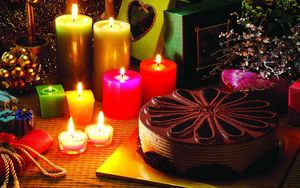 Превью обои новогодние свечи, торт, подарки, олени, праздник