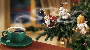 Превью обои новый год, кофе, елка, дед мороз, снеговик, ангел