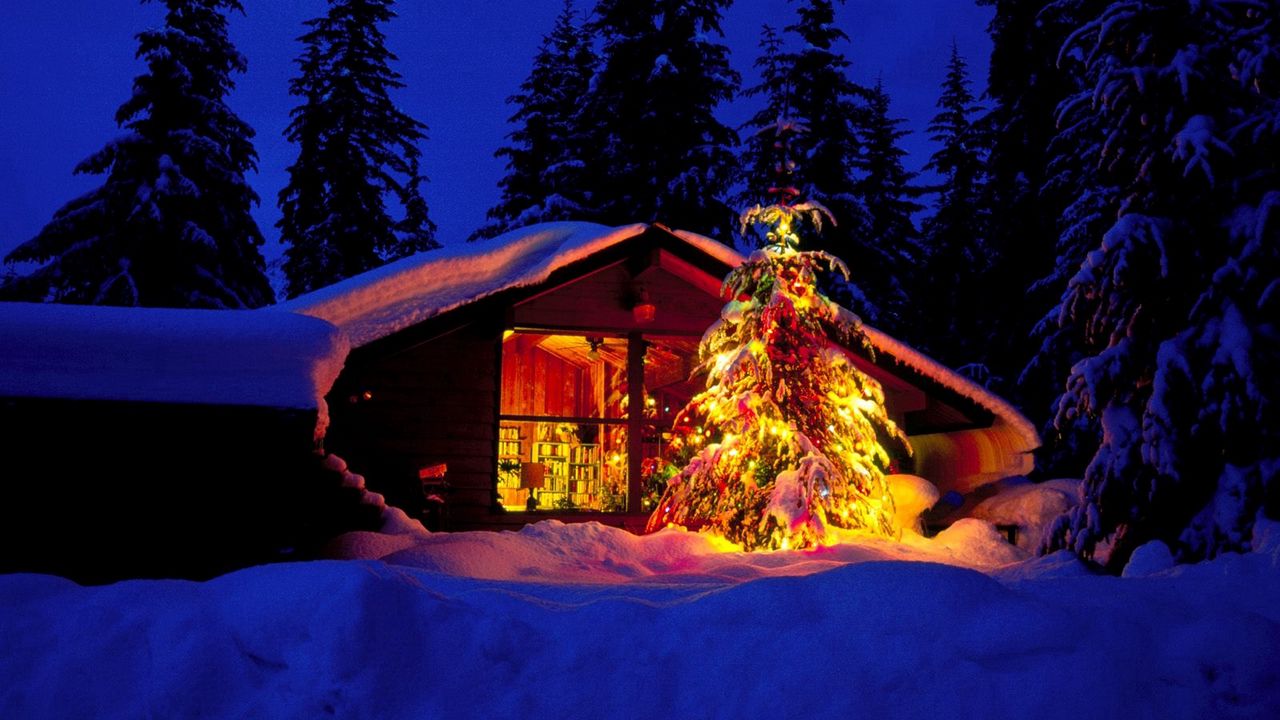 Обои новый год, рождество, елка, дом, окно, вид, огни