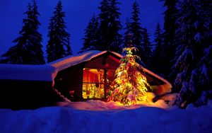 Превью обои новый год, рождество, елка, дом, окно, вид, огни