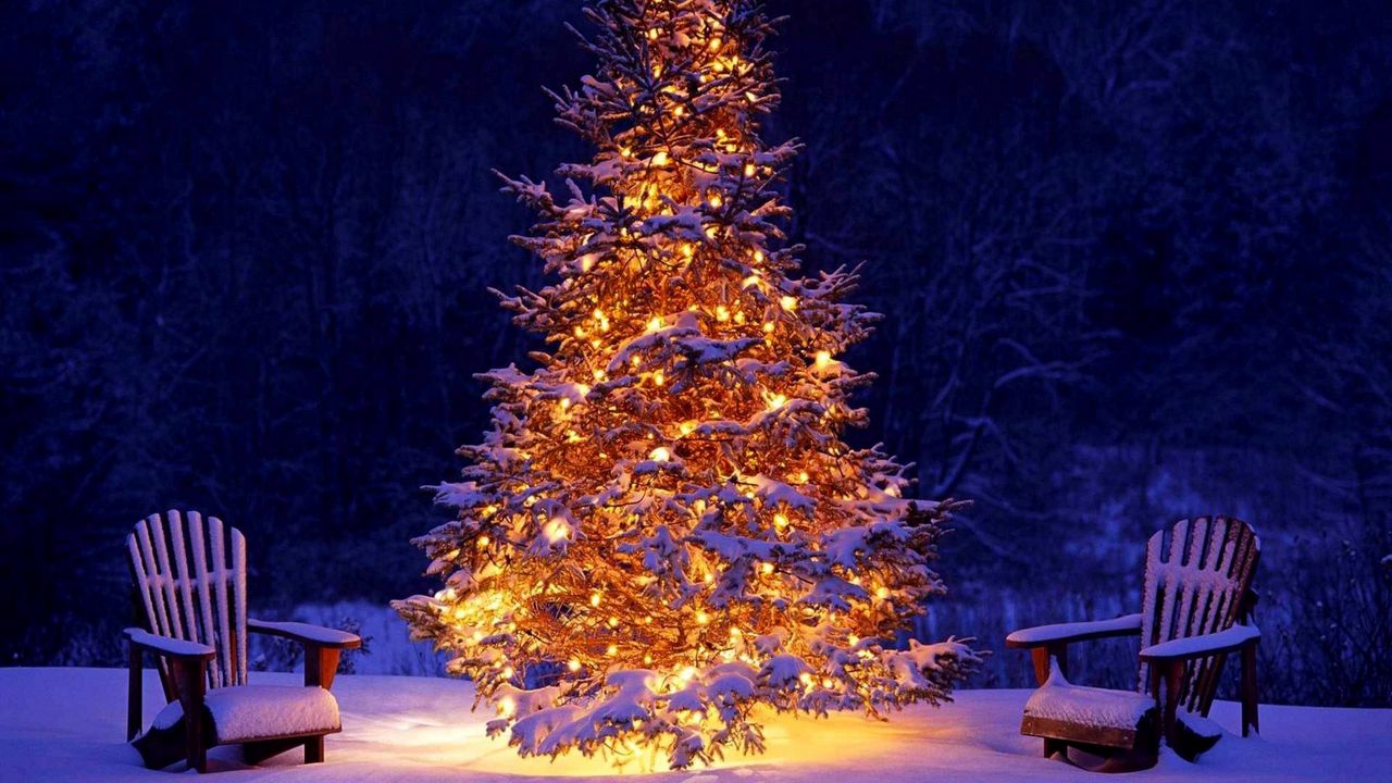 Обои новый год, рождество, елка, украшение, стулья, снег, гирлянды