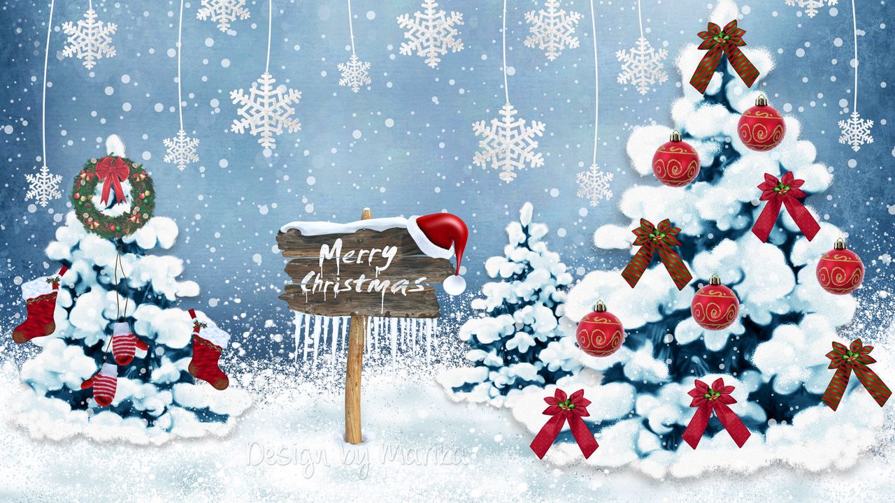 Обои новый год, рождество, открытка, елки, снежинки, украшения