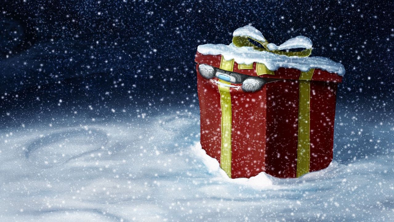 Обои новый год, рождество, подарок, медвежонок, снег, коробка