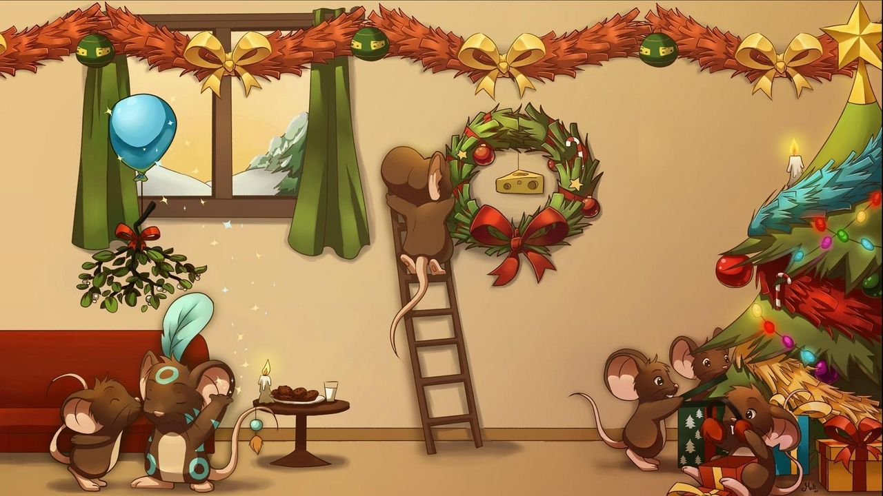 Обои новый год, рождество, праздник, суета, украшения, елка, мыши, мультик