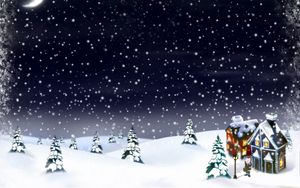Превью обои новый год, рождество, снег, луна, дом, елки